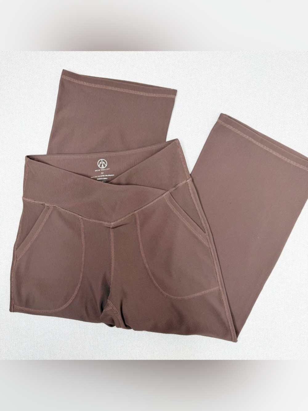 Move Theology Crop Wide Leg Medium Yoga Pants Beige Ribbed Brown Crossover